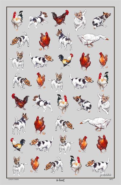 Samuel Lamont Jo Stockdale Farmyard Frolics Linen Tea Towel Jack Russell Chickens